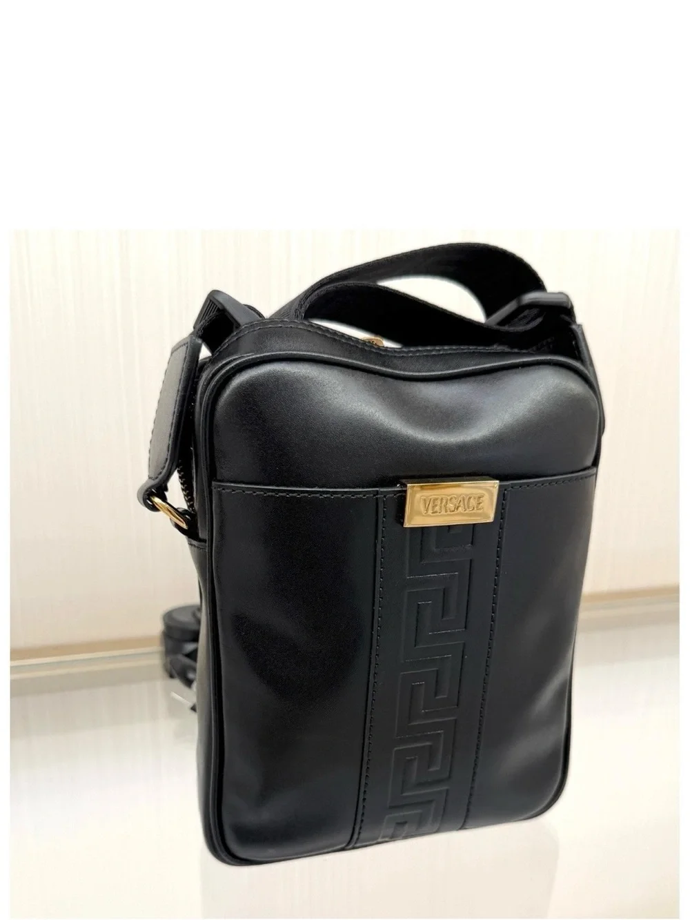 Versace Black Leather Messenger Crossbody with Gold Plaque
